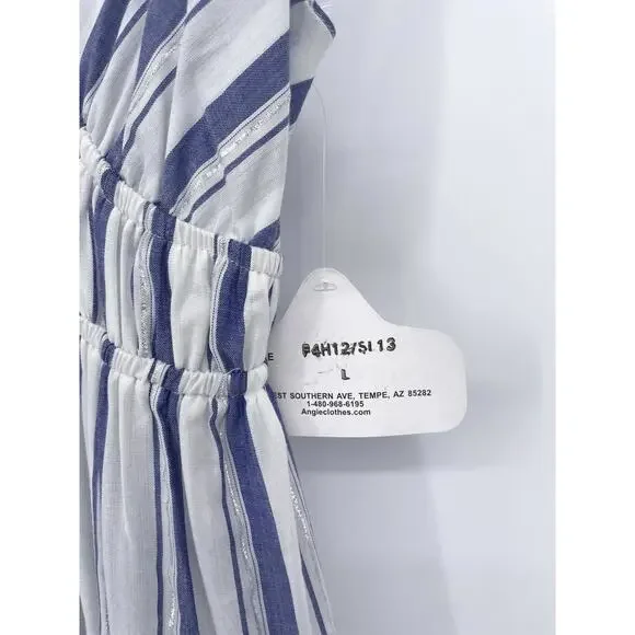 Angie Striped Tiered Coastal Sundress Women’s Large Blue White Shimmer Tie Back - Picture 6 of 12